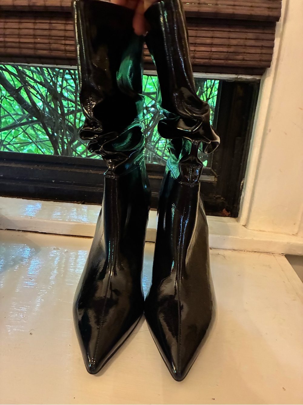 Jeffrey Campbell Black Patent Pointed-Toe Ruching Shaft Boots